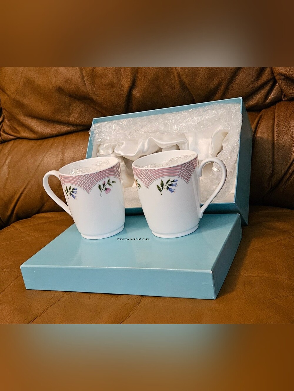 New Tiffany & Co. Pink Floral Porcelain Mugs - Set of 2